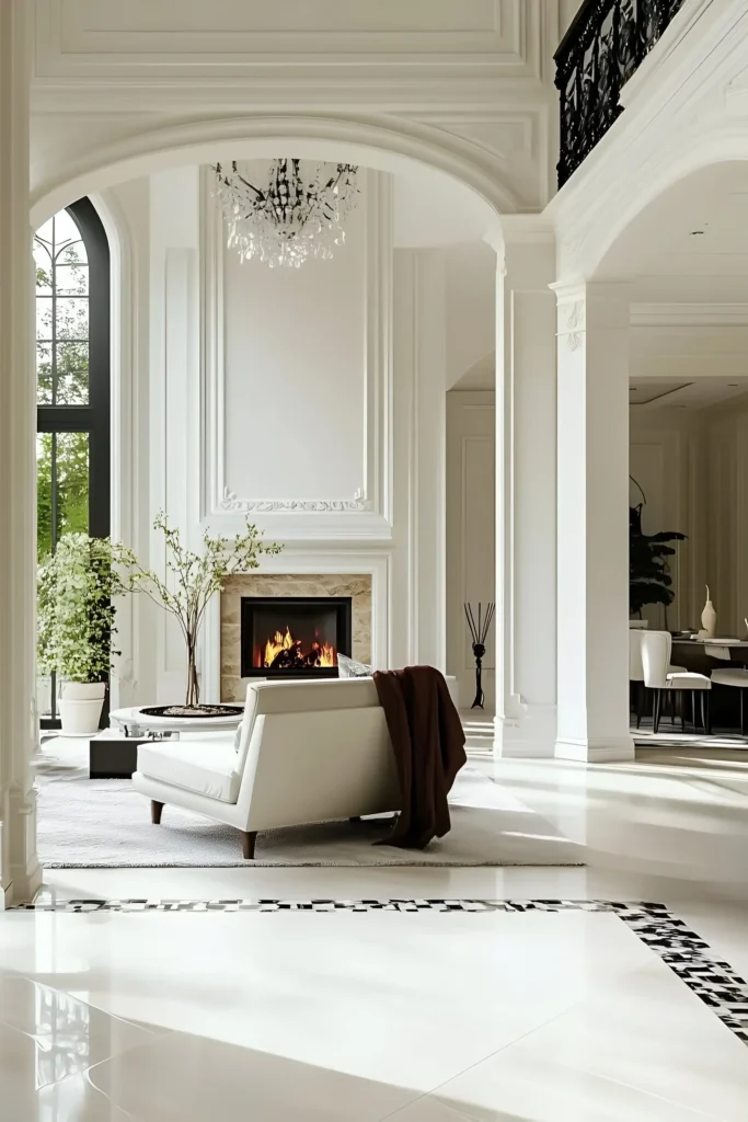 Grand white interior featuring arched doorways, crown molding, a fireplace, white chaise lounge, greenery, and a statement chandelier.