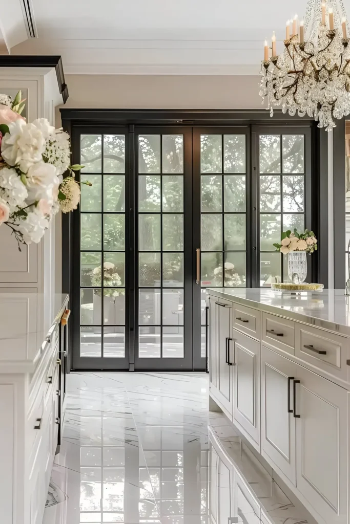 Luxurious white kitchen featuring marble floors, custom cabinetry, black French doors, a crystal chandelier, and floral decor.