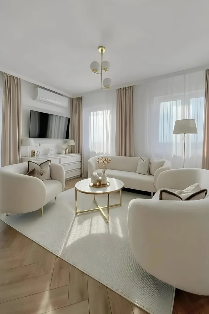 Cozy white living room with curved seating, a gold-accented coffee table, neutral curtains, and a modern chandelier.