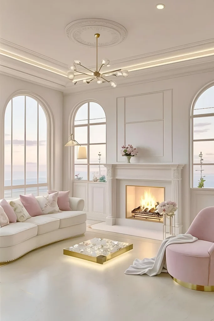 Romantic white living room featuring pastel accents, arched windows, a fireplace, an illuminated coffee table, and a statement chandelier.