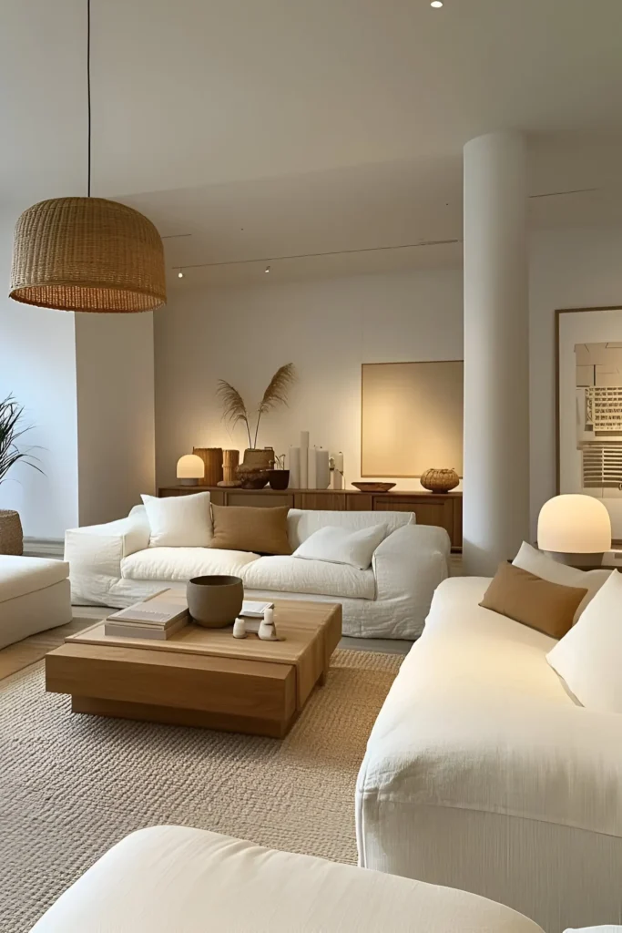 Modern bohemian living room featuring white linen sofas, a wooden coffee table, a woven pendant light, and neutral decor with pampas grass.