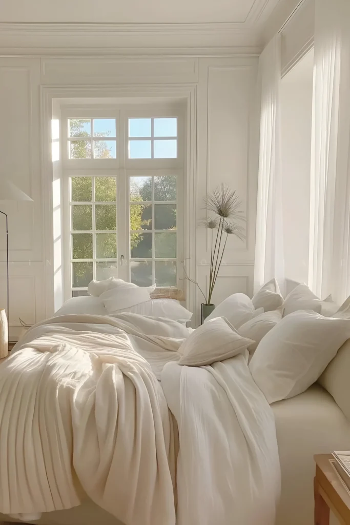 Bright white bedroom with French windows, sunlight-filled space, soft bedding, and minimalist decor featuring a statement vase.