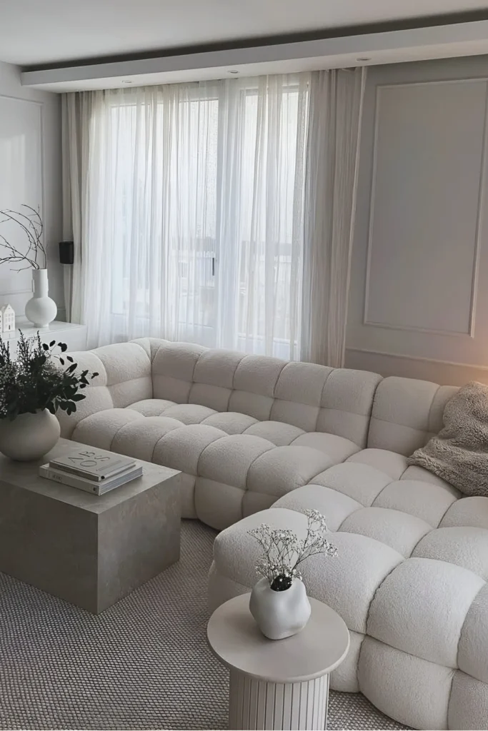 Contemporary white living room featuring a tufted modular sofa, sheer curtains, minimalist decor, and a concrete coffee table.