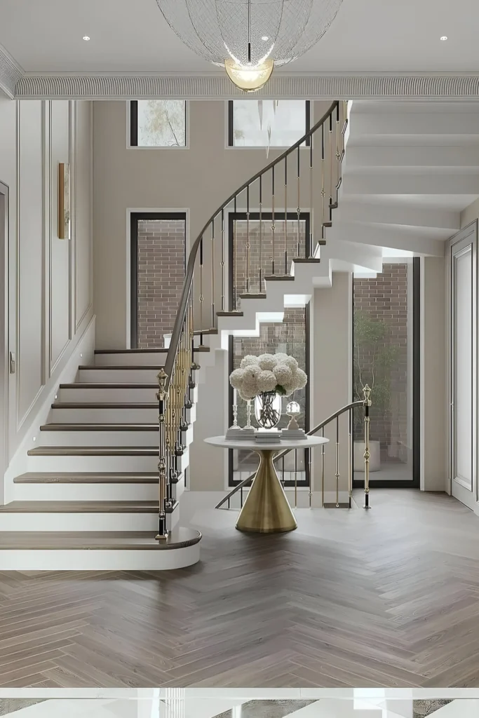 Elegant white staircase with gold railings, herringbone wood flooring, a gold accent table with flowers, and a modern chandelier.