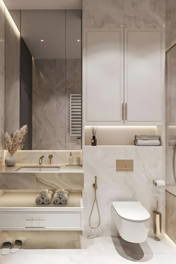 Luxurious white bathroom featuring marble finishes, gold fixtures, built-in shelving, and ambient lighting.