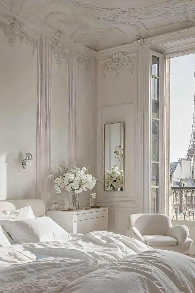 Parisian white bedroom featuring ornate moldings, tall windows, white bedding, fresh flowers, and a view of the Eiffel Tower.