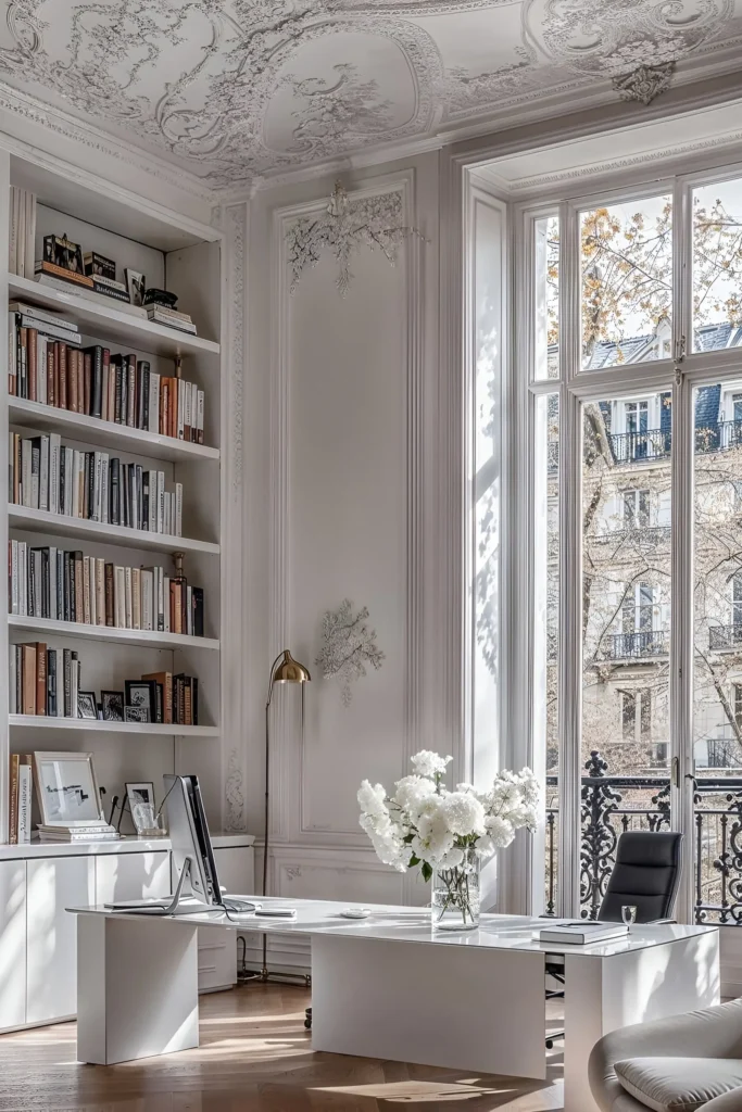 Elegant Parisian home office featuring ornate ceiling moldings, built-in bookshelves, a white desk, wood flooring, and large windows with city views.