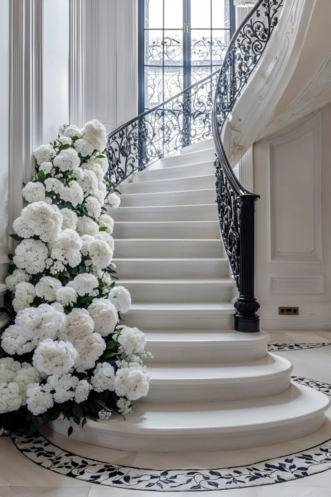 Grand white staircase featuring wrought-iron railings, white hydrangeas, and ornate floor detailing for a luxurious ambiance.