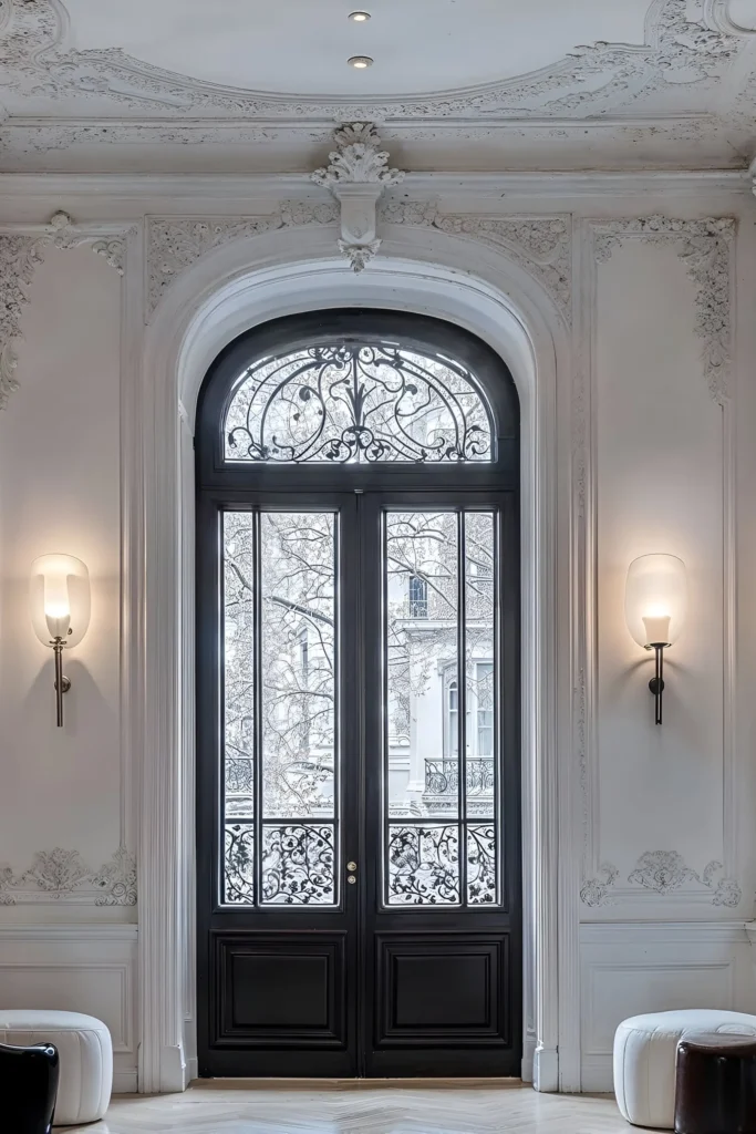 Elegant French doors with intricate moldings, wrought-iron accents, arched design, and soft wall sconces.