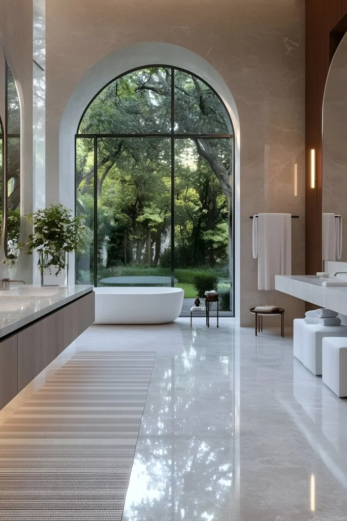 Tranquil bathroom with arched floor-to-ceiling windows, freestanding bathtub, marble floors, and floating vanities.