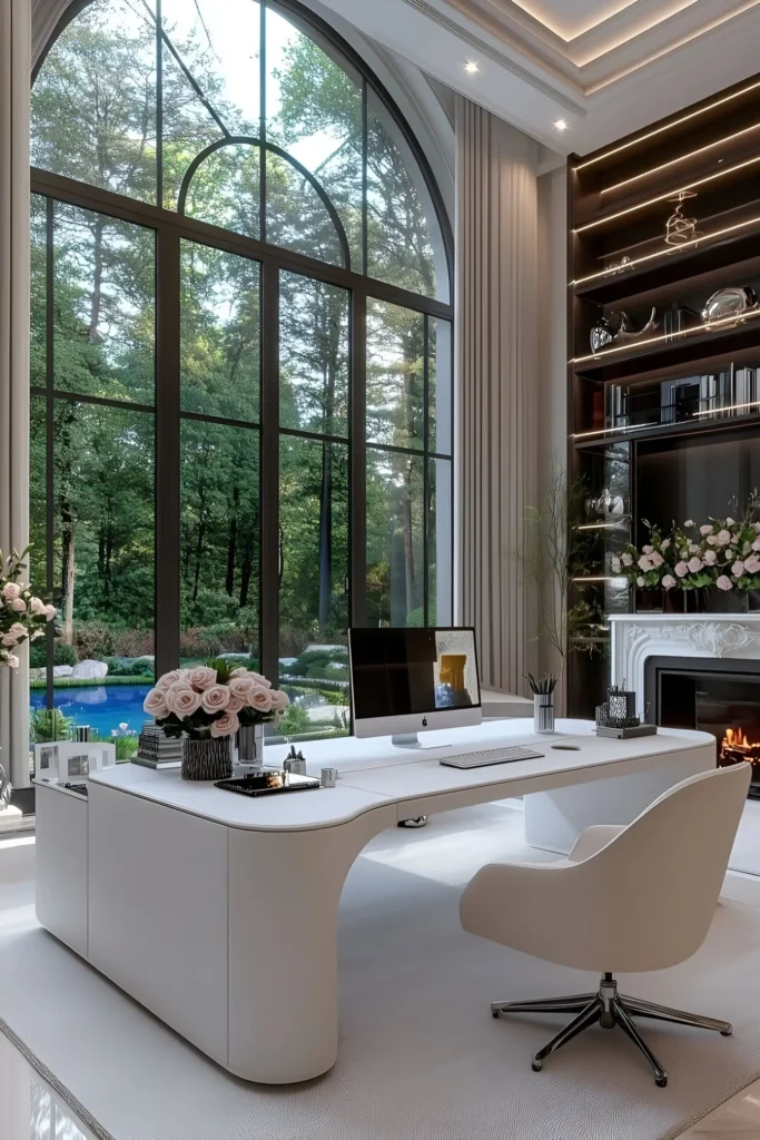 Modern home office with white desk, arched window overlooking greenery, illuminated shelves, and a fireplace.