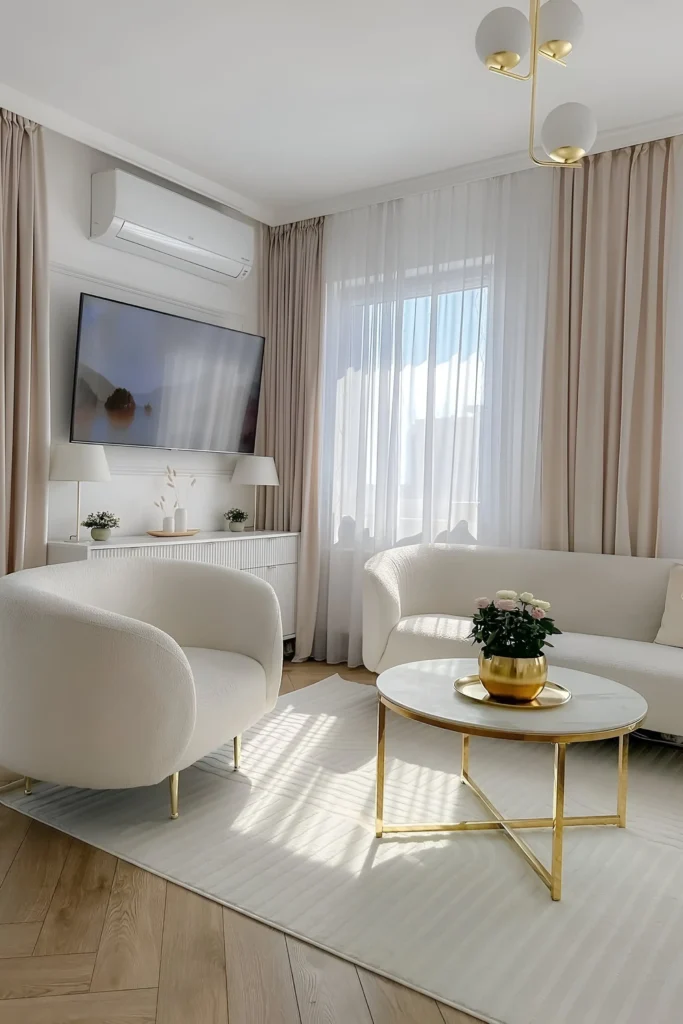 Bright white living room with soft furniture, marble coffee table, gold accents, sheer curtains, and a wall-mounted TV.