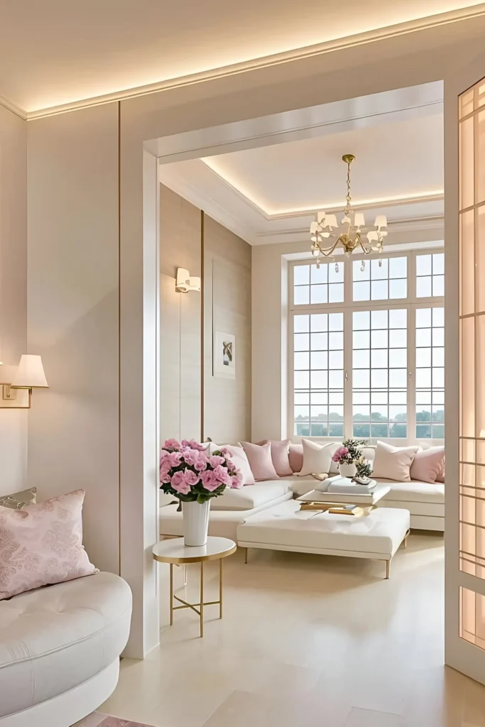 Elegant sitting room featuring white furniture, pastel pink cushions, floor-to-ceiling windows, a chandelier, and floral decor.