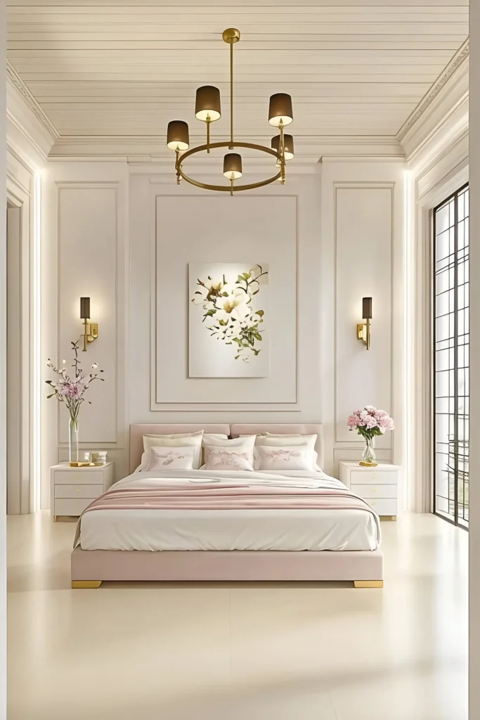 Sophisticated white bedroom with blush undertones, gold accents, floral artwork, and a modern chandelier.