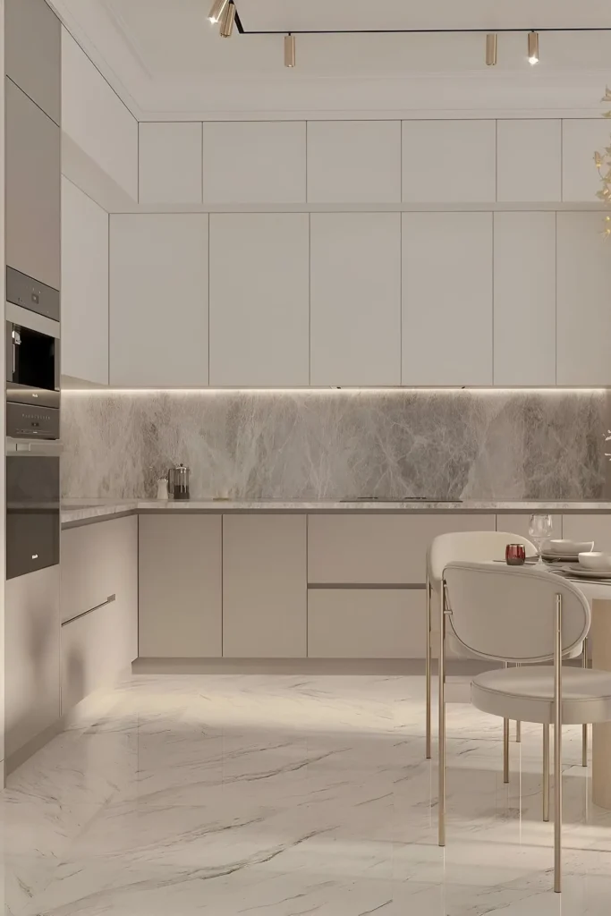 Minimalist white kitchen with marble backsplash, integrated cabinetry, gold-accented chairs, and recessed lighting.