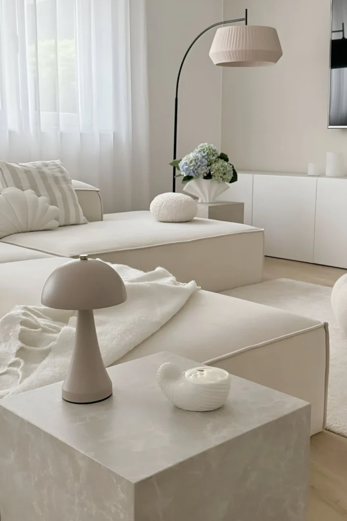 Minimalist white living room with a plush sectional, marble accent table, neutral lamp, and soft textured cushions.