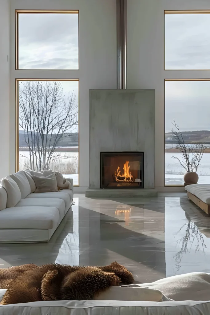 Minimalist living room featuring a sleek fireplace, plush white sofas, reflective marble floors, and large windows with serene outdoor views.