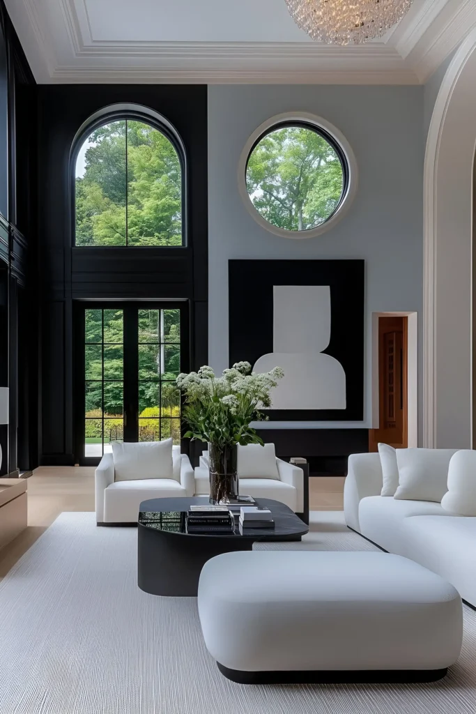 Elegant living room with a monochrome palette, arched windows, bold black accents, soft white furniture, dramatic artwork, and a statement chandelier for a sophisticated and timeless look.