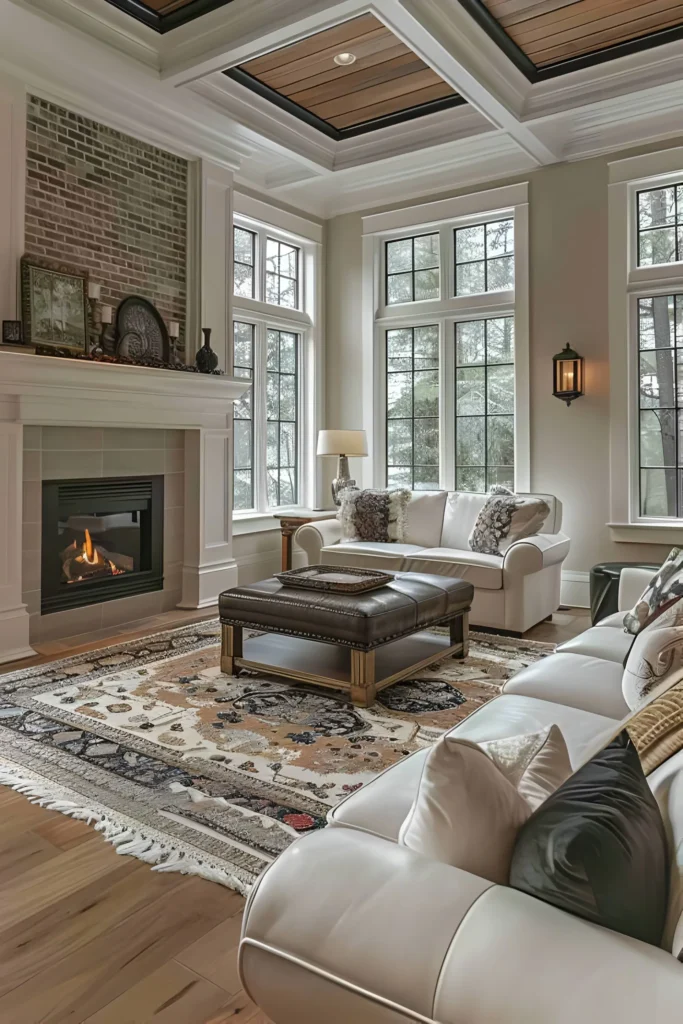 Traditional living room with a brick fireplace, coffered ceiling, large windows, leather ottoman, Persian-style rug, and cozy white sofas for a rustic yet elegant ambiance.