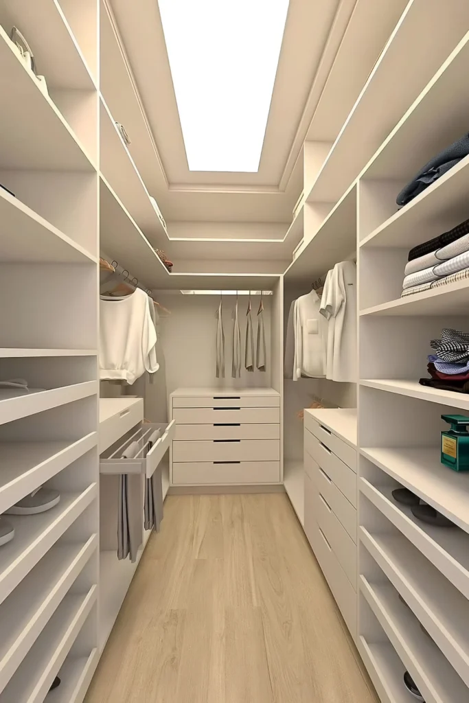 Minimalist walk-in closet with white shelving, drawers, built-in lighting, and light wood flooring for a clean, organized, and functional space.