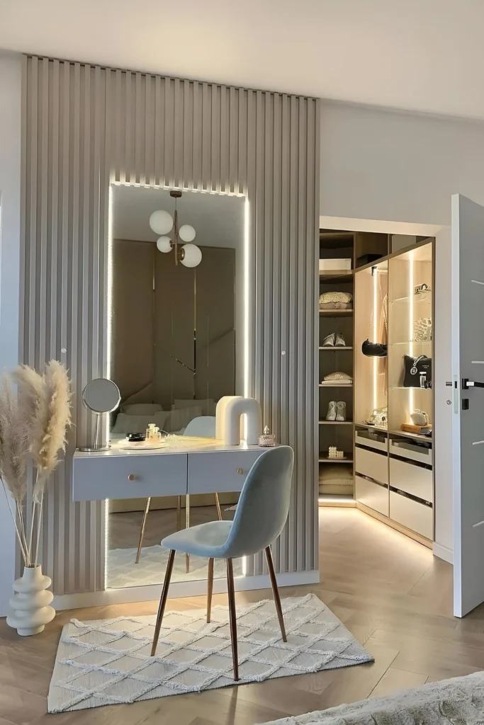 Stylish vanity table with a backlit mirror, fluted wall paneling, velvet chair, and adjacent built-in illuminated closet, creating a functional and modern space.