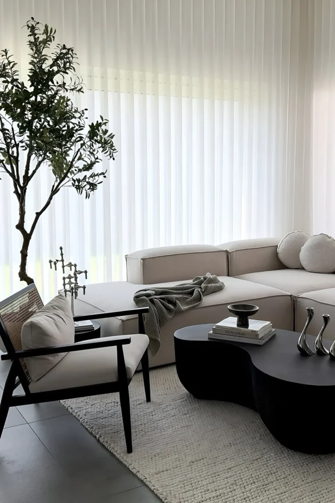 Minimalist living room with a white modular sofa, black sculptural coffee table, natural-textured armchair, woven rug, and potted tree for a modern and organic feel.