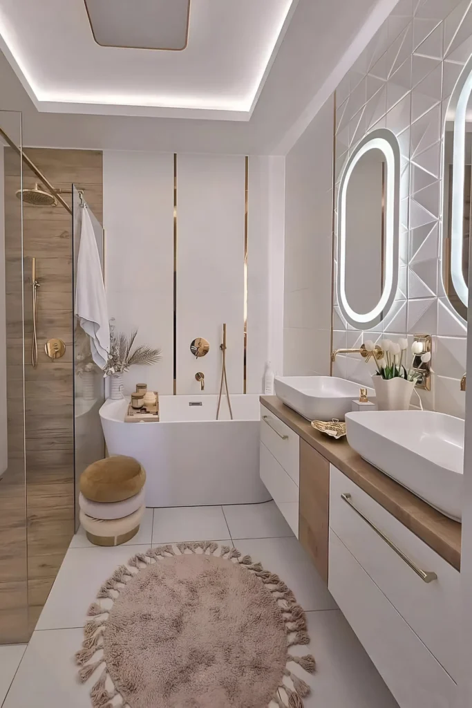 Modern bathroom featuring a freestanding bathtub with gold fixtures, dual vessel sinks on a wooden vanity, backlit oval mirrors, and a soft beige round rug with tassels for a cozy touch.