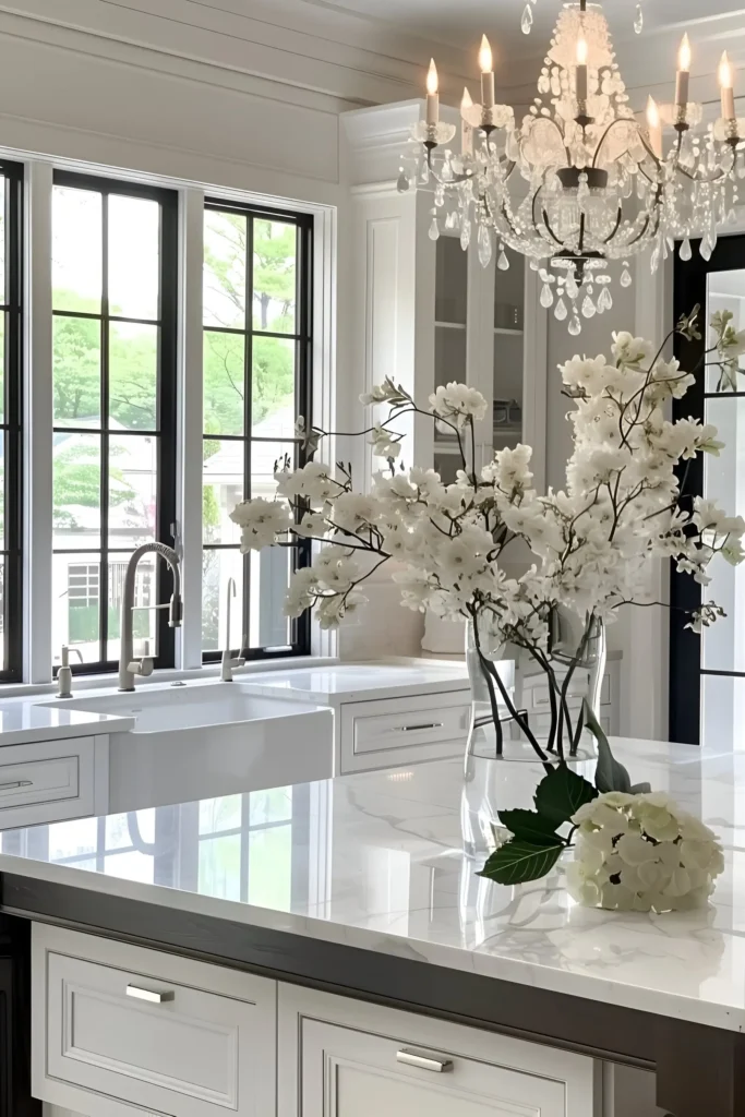 Farmhouse kitchen featuring a marble countertop island, a vase of white flowers, black-framed windows, an apron sink, and a crystal chandelier for a refined yet rustic ambiance.