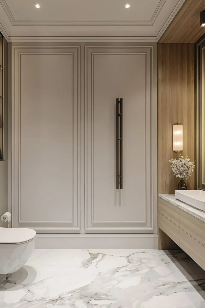 Minimalist bathroom featuring panelled walls, a floating marble vanity, wooden accents, and ambient lighting for a modern and luxurious atmosphere.

40 Beautiful White Interior Designs You'll Love
