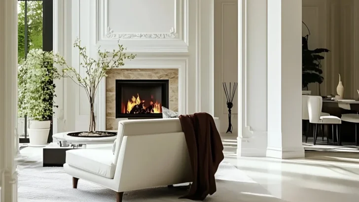 Bright living room featuring detailed wall molding, a central fireplace, white minimalist furniture, and greenery for a timeless and serene atmosphere.