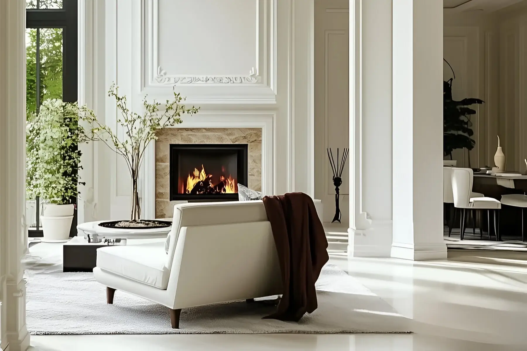 Bright living room featuring detailed wall molding, a central fireplace, white minimalist furniture, and greenery for a timeless and serene atmosphere.