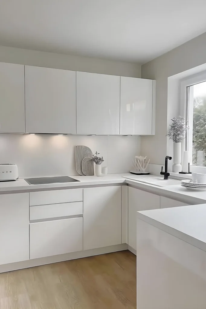 Compact minimalist white kitchen with glossy cabinetry, natural light reflections, and muted wood flooring.

White Kitchen Designs