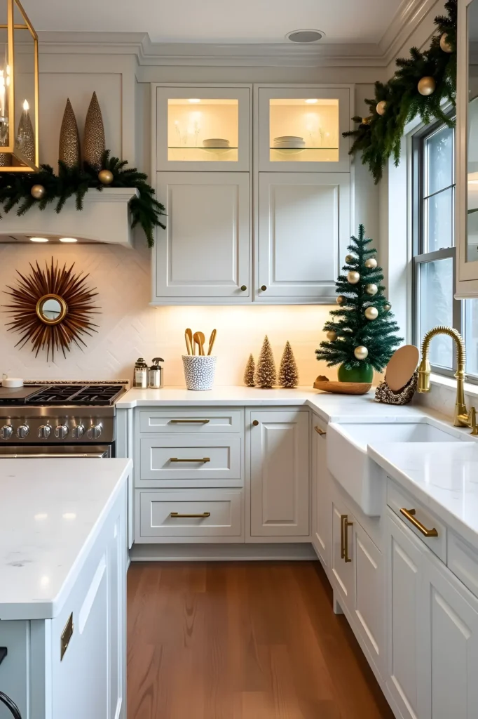 White kitchen with gold hardware, holiday greenery, and warm under-cabinet lighting for a festive look.