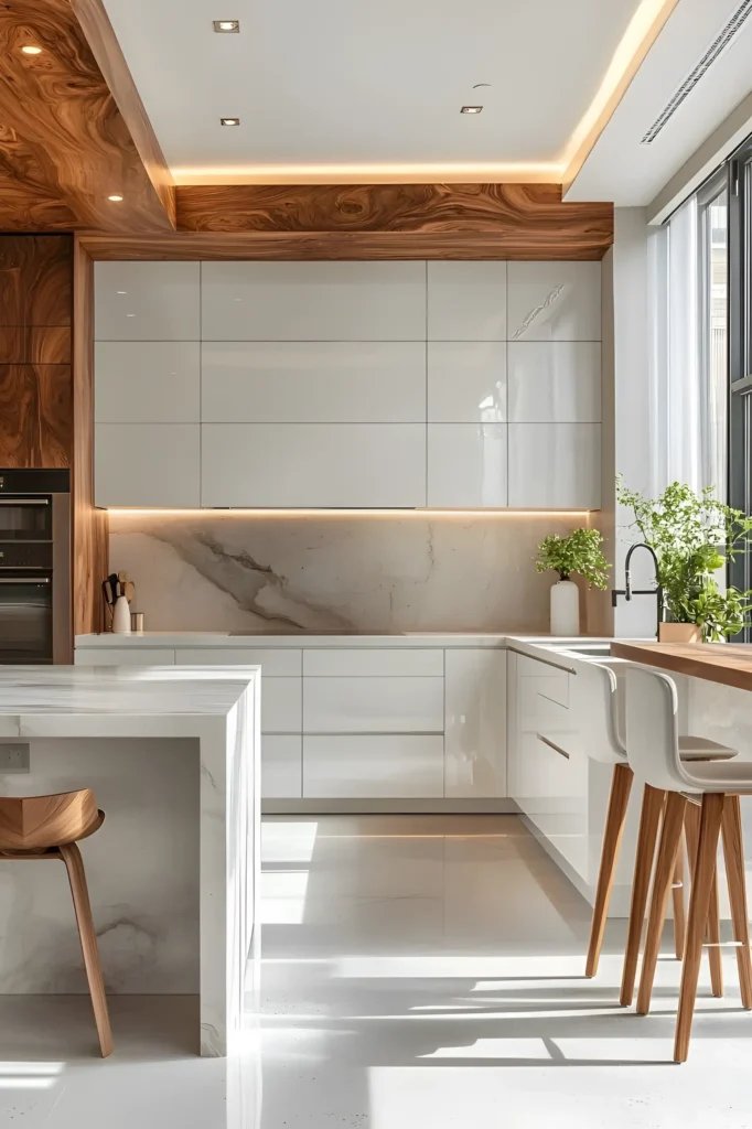 Contemporary white kitchen with natural wood accents, marble backsplash, and integrated LED lighting.