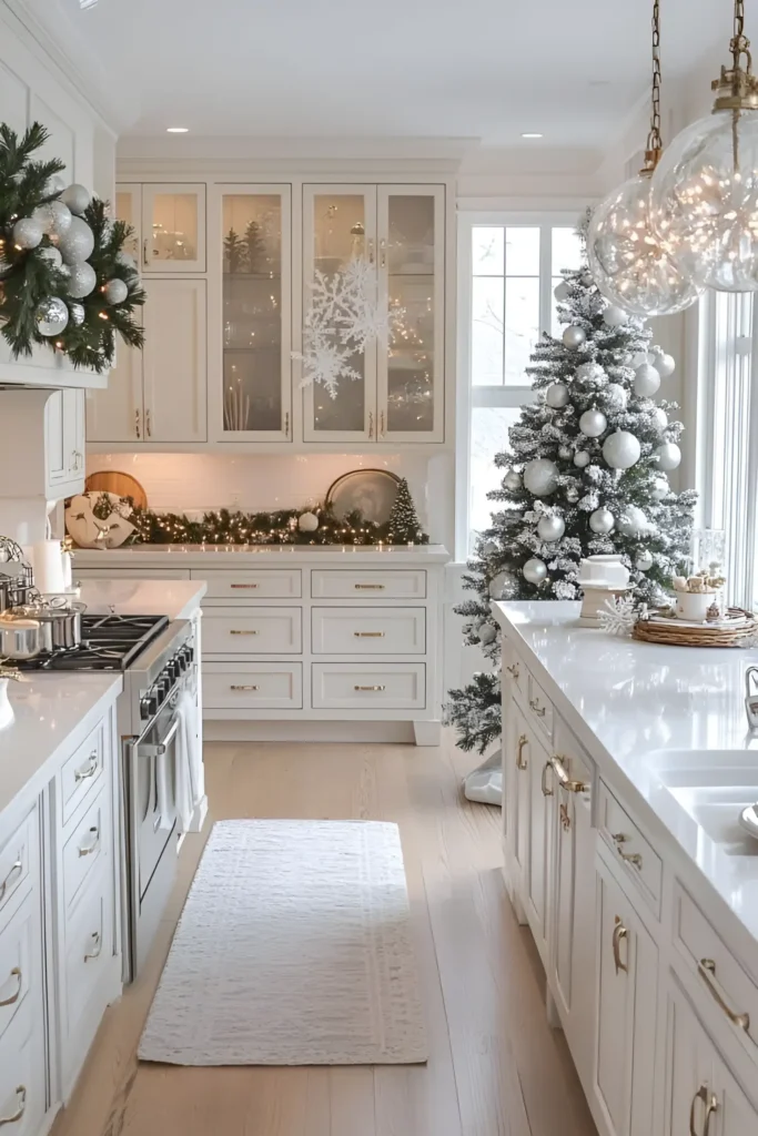 White kitchen decorated for the holidays with frosted greenery, ornaments, and a Christmas tree.