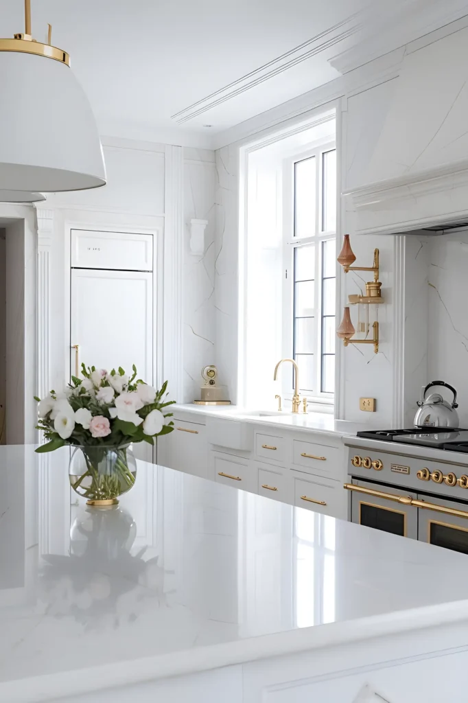 Elegant white kitchen with marble surfaces, gold accents, and brass fixtures for a luxurious look.