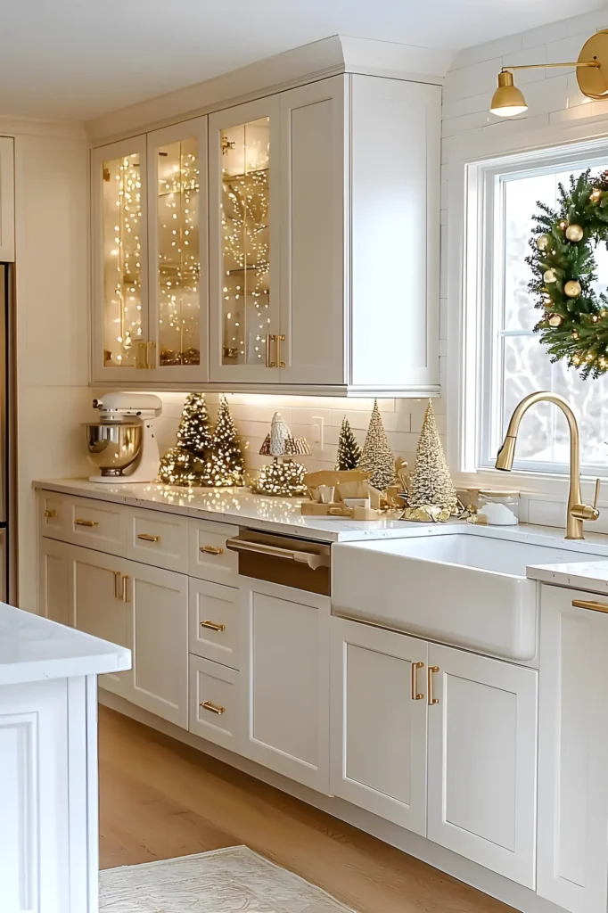 Farmhouse-style white kitchen with open shelving, natural wood flooring, and shiplap backsplash.