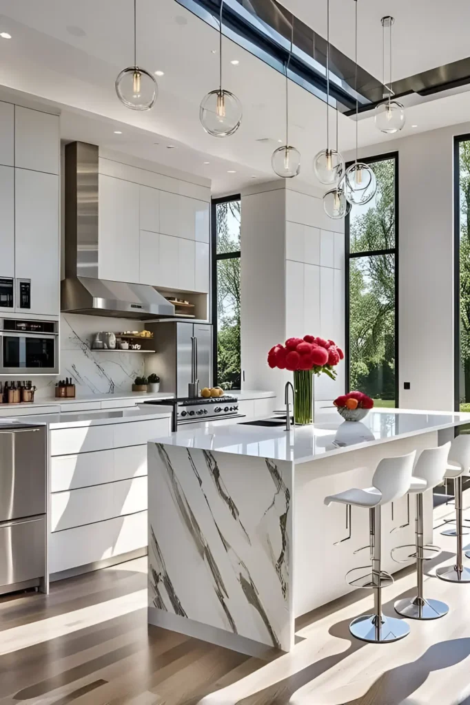 White kitchen with floor-to-ceiling windows, marble waterfall island, and globe pendant lighting.