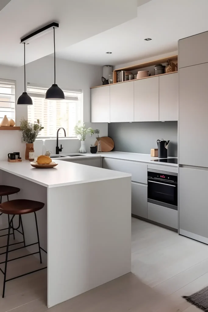 Minimalist white kitchen with black pendant lights, sleek cabinetry, and natural light.