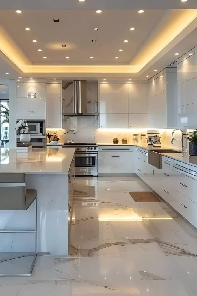 Glossy white kitchen with recessed lighting, marble-inspired flooring, and stainless steel appliances.