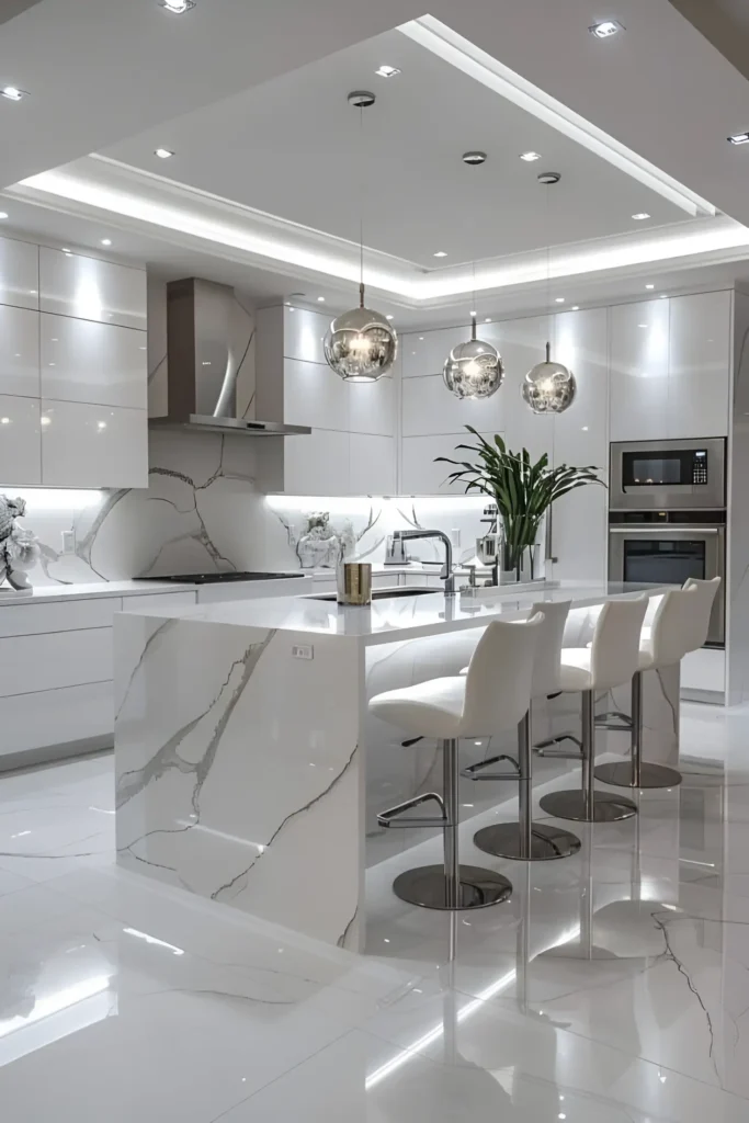 White kitchen with marble-inspired surfaces, pendant lights, and glossy cabinetry.