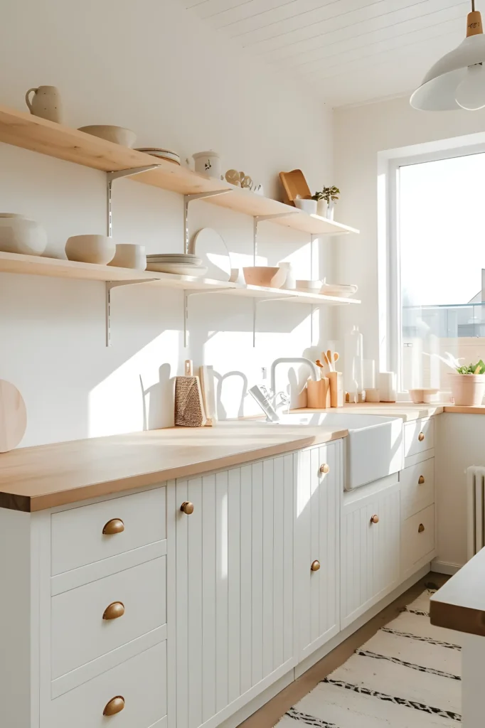 Rustic white kitchen with open shelving, natural wood countertops, and brass hardware bathed in sunlight.