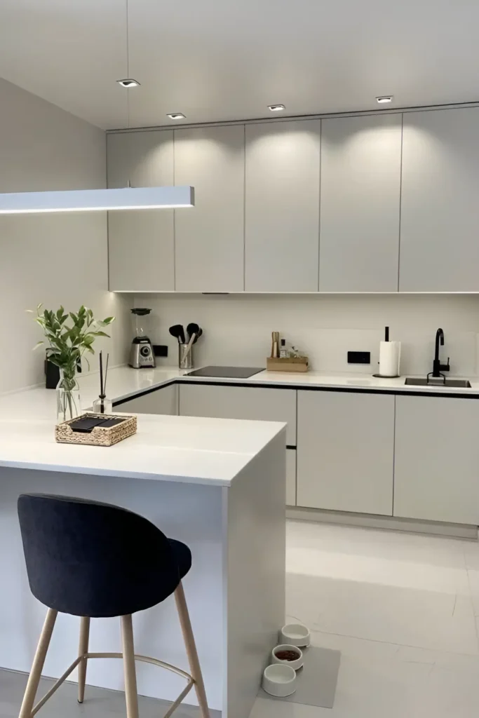 Minimalist white kitchen with smooth cabinetry, black accents, and soft overhead lighting.