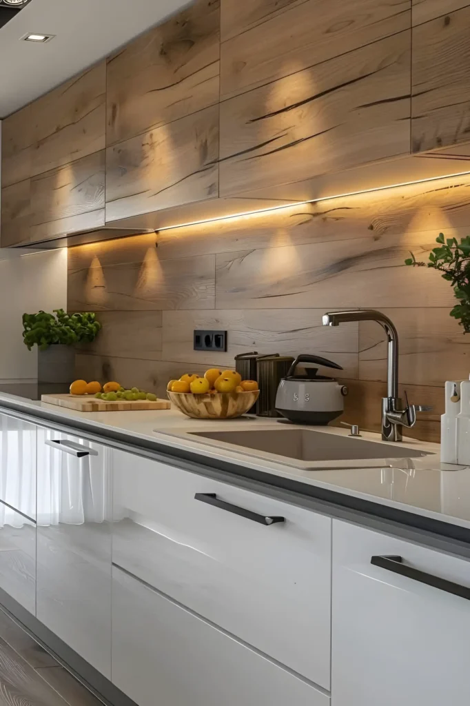 Modern kitchen with natural wood accents, glossy white cabinetry, and under-cabinet LED lighting.