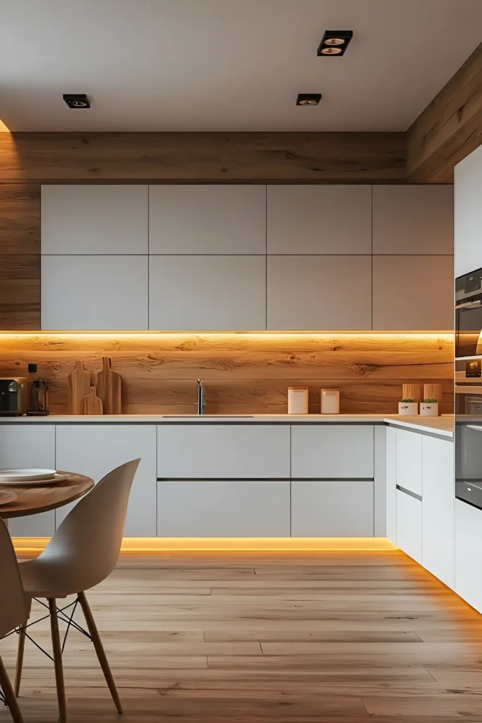 Modern kitchen with white cabinetry, wooden backsplash, and LED lighting for a warm and contemporary feel.