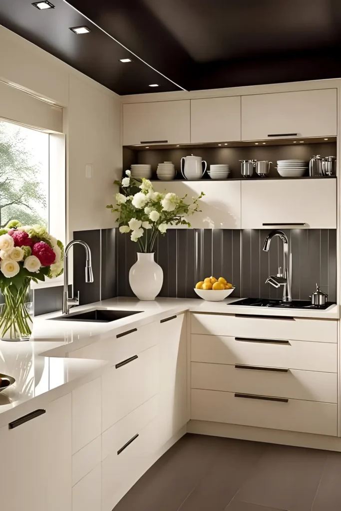 White kitchen with black ceiling, glossy backsplash, and floral accents for a striking contrast.