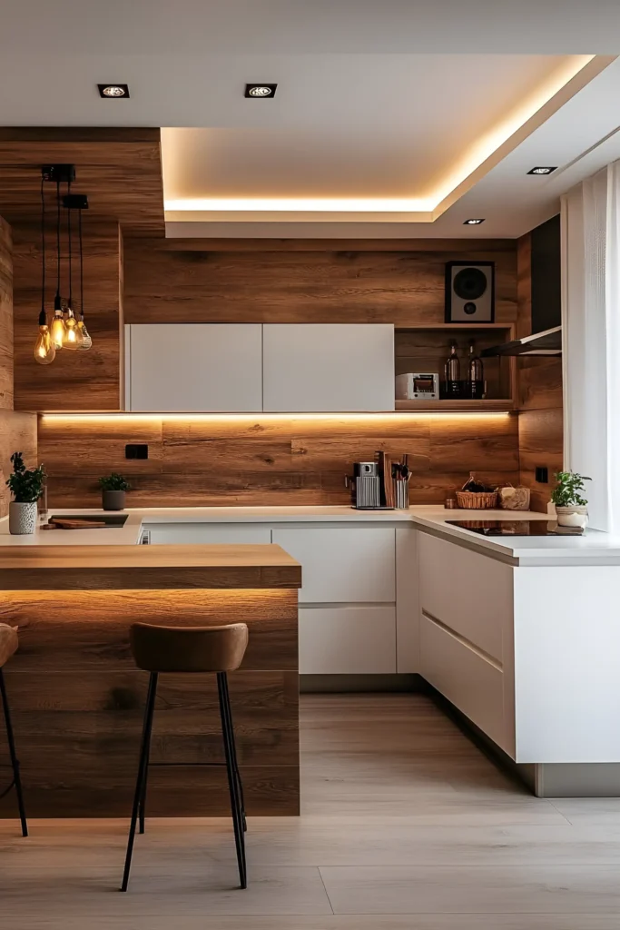 White kitchen with natural wood paneling, layered LED lighting, and industrial pendant lights.