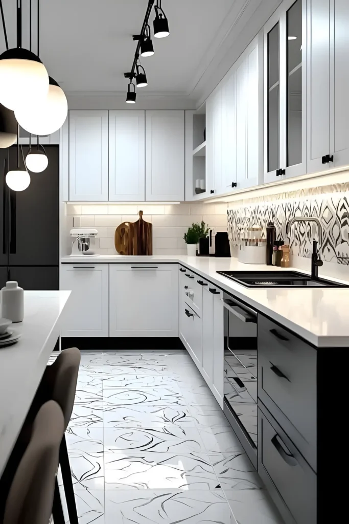 White kitchen with black lower drawers, patterned backsplash, tiled flooring, and layered lighting design.