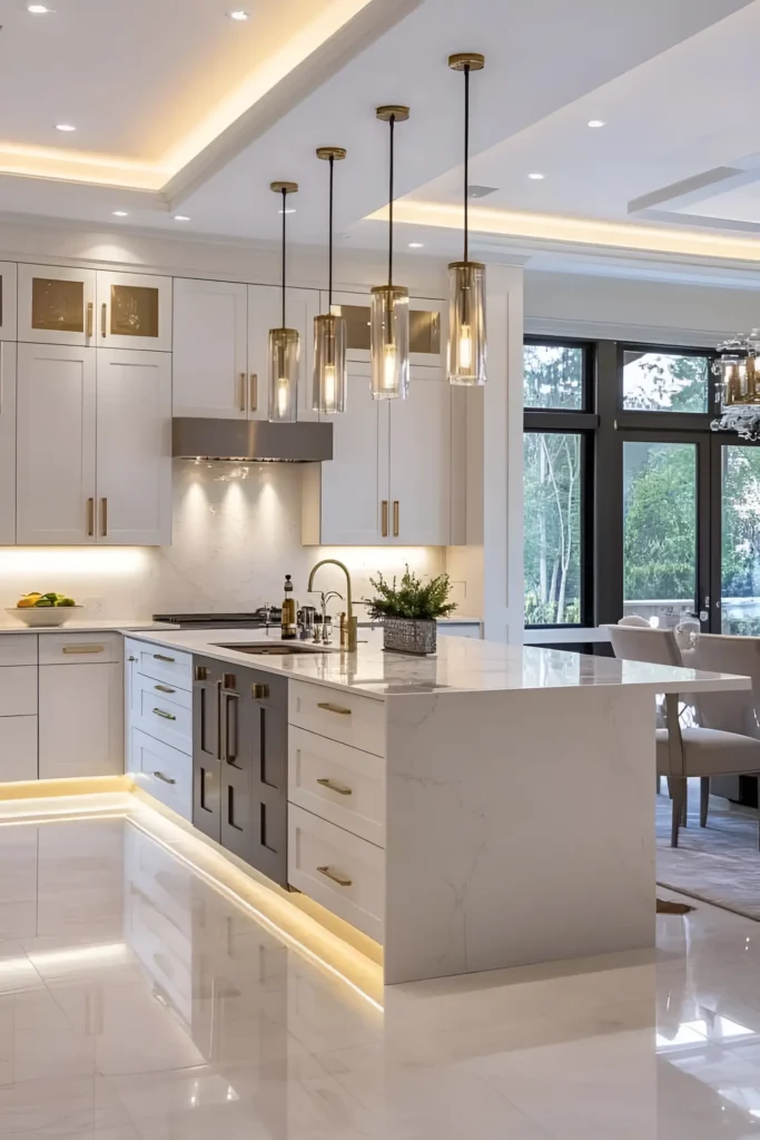 White kitchen with gold pendant lights, marble countertops, and under-cabinet lighting.