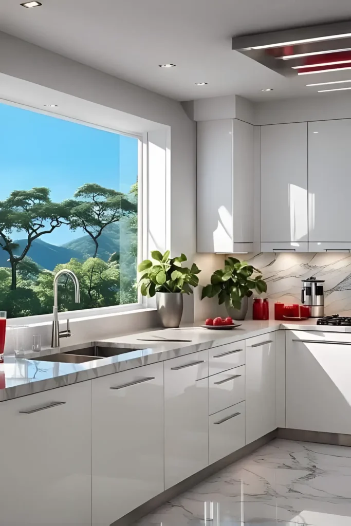 White kitchen with a large picture window, marble countertops, and vibrant red and green accents.